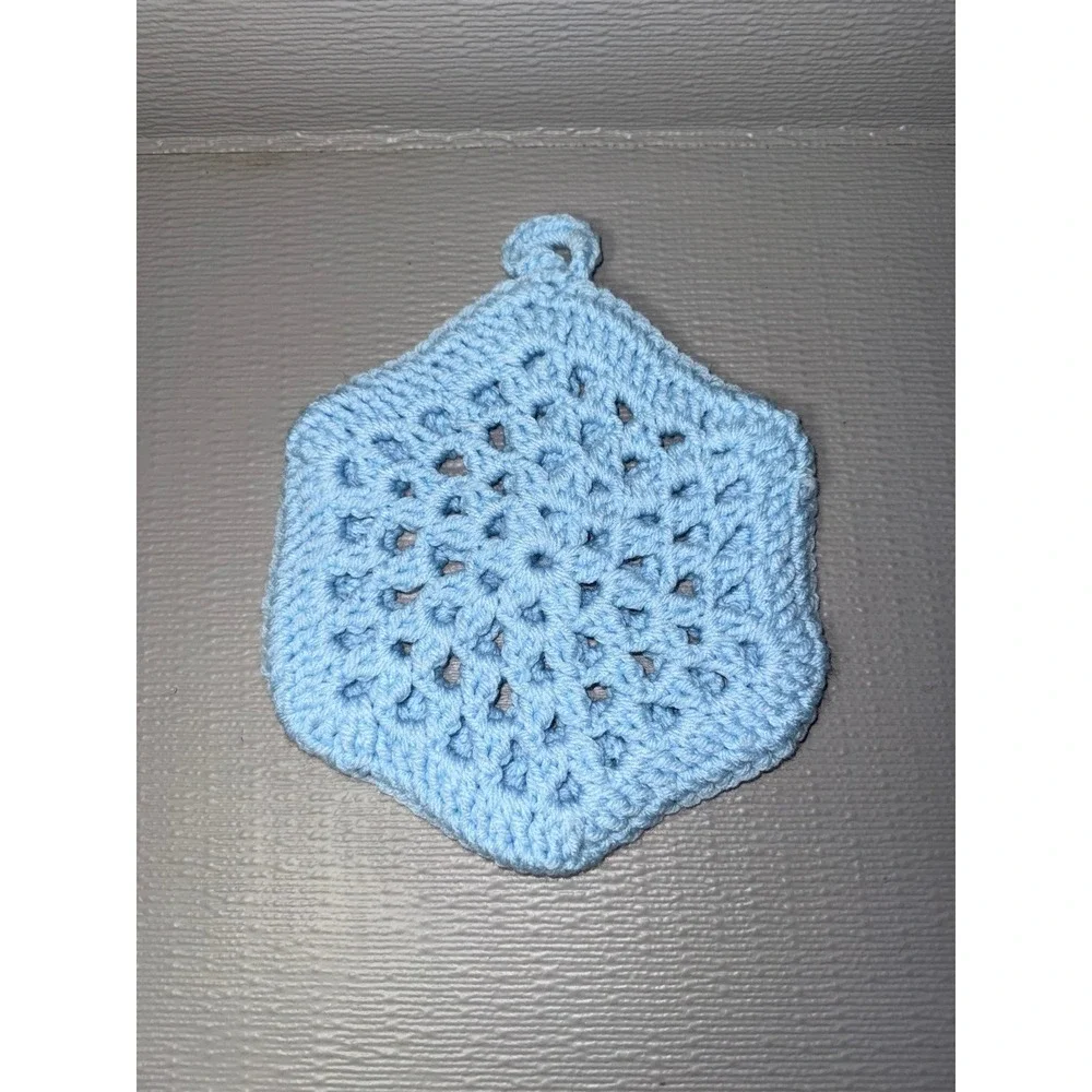 Handmade Crochet Hexagon Potholder Hot Pad Baby Blue Snowflake Kitchen Decor